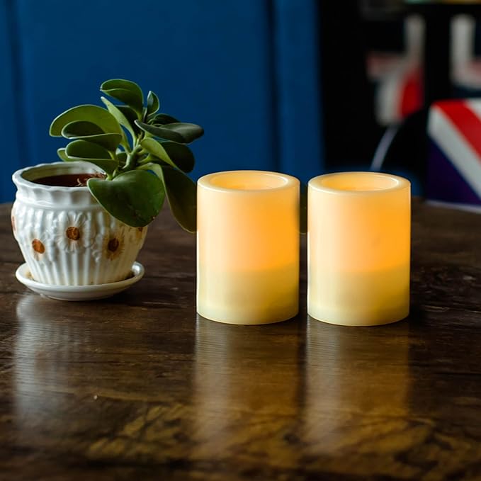 CANDLE CHOICE Outdoor Battery Operated Flameless Candles with Remote Timer Waterproof Flickering Plastic Electric LED Pillar Lights for Lantern Patio Garden Wedding Party Decorations D3”xH4” 2 Pack