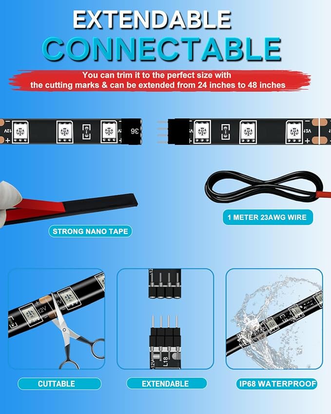 12V Led Light Strip Connectable 24Inch White Led Strip Lights for Car Golf Cart Motorcycle Boat Truck Cabinet Waterproof Led Light Strip,4Pack