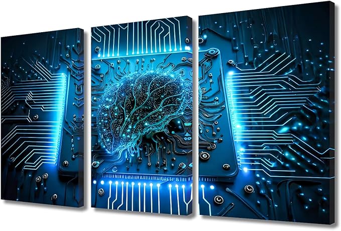 TUMOVO Artificial Intelligence Decor AI Pictures Print 3 Panel Computer Processor Canvas Wall Art Technology Artwork Modern Wall Decoration for Living Room Ready to Hang, 36" Wx24 H