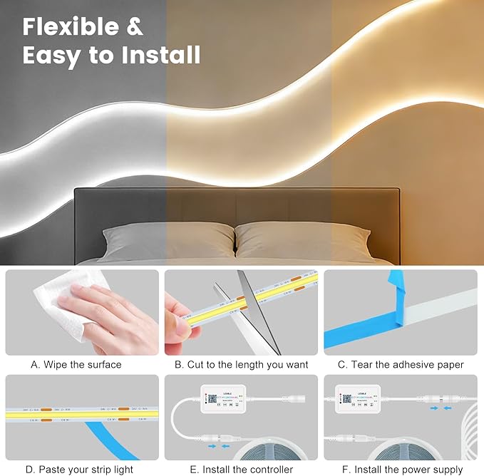 COB LED Strip Lights, 16.4ft Tunable White CCT LED Strip, 24V Dotless Dimmable Tape Light 3000K-6000K, DIY Cuttable Flexible Kit with Bluetooth Remote and Power Plug for Bedroom Kitchen Cabinet Decor
