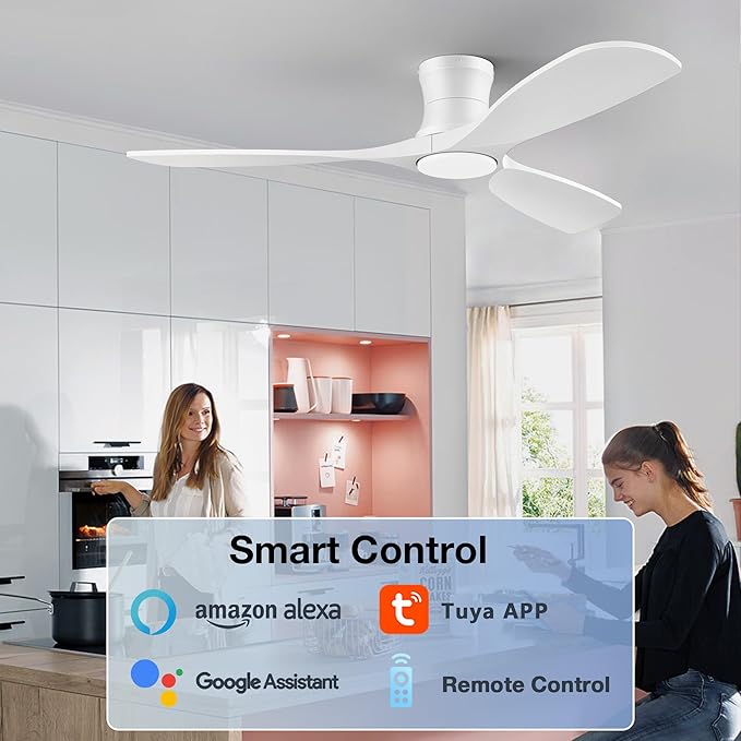 52in Smart Low Profile Ceiling Fans with Lights Remote,Quiet DC Motor,Outdoor Indoor Flush Mount Ceiling Fan,Control with WIFI Alexa App,Dimmable,6-speed,3 White Wood blades,for Modern Bedroom Patio