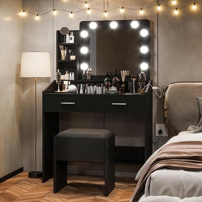 Vanity Desk with Lights and Mirror - Makeup Vanity Set with Power Outlet & USB Ports, 3 Lighting Modes, Adjustable Brightness, Includes 2 Drawers and Cushioned Stool, Small Dressing Table for Bedroom