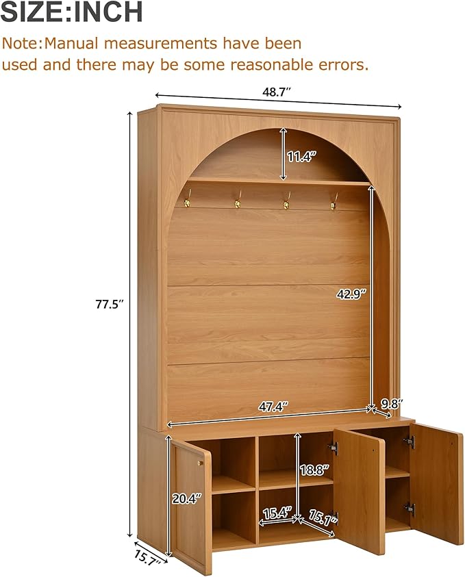 LUMISOL Farmhouse Hall Tree with Adjustable Shelves for Entryway, Arched Design Coat Rack with 4 Golden Hooks, Entryway Bench with 3 Cabinets for Mudroom, Retro Hall Cabinet for Living Room, Natural