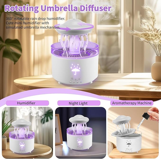 Humidifier with Light, 7-Color Rotating Jellyfish Humidifier with Remote & Timer, 300ML Water Drip Diffuser with Essential Oil Diffuser, Funny Rain Moistener Night Light for Room (White-Jellyfish)