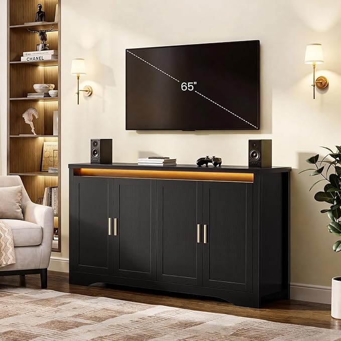 60'' Sideboard Buffet Cabinet with Storage, Modern Coffee Bar Cabinet with Power Outlets, LED Light, 4 Doors & Adjustable Shelves, Buffet Table for Kitchen, Dining Room, Living Room, Black