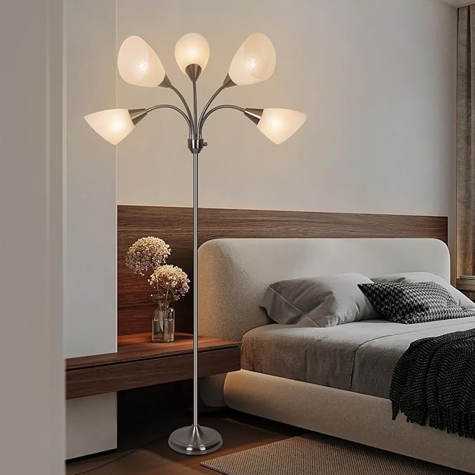 HonoDing Medusa Floor Lamp Standing Lamp 5 Heads Adjustable Reading Light Large Shade Use E26 A19 Bulb for Living Room Bedroom Satin Nickel