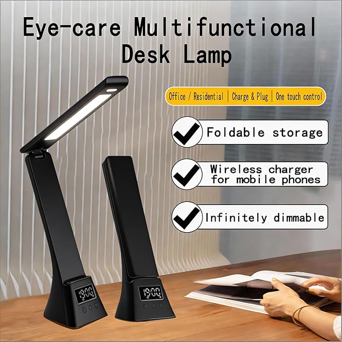 All-in-One Wireless Charging Desk Lamp with Digital Clock & Alarm, 15W Fast Phone Charger, 3 Color Lighting Modes, 180° Foldable, Touch Control for Bedroom, Office,TYV-2088 Black.