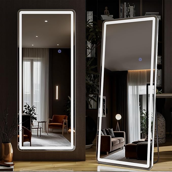 60"x16" LED Full Length Mirror – Standing Floor Mirror with Dimmable Lights 3 Color Modes – Adjustable Brightness, Wall-Mount or Lean for Barber, Fitness Center, Dressing Room, Vanity