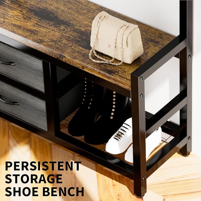Entryway Hall Tree Bench Organizer, Coat Garment Rack Shelf Rail, Shoe Storage Tiers, Two Sliding Fabric Drawers, Movable Hooks Set, Hanger Rod, Metal Frame, Corner Mudroom Foyer Closet Stand