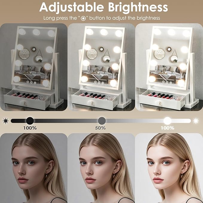 Vanity Mirror with Lights with Drawer,USB Charging Port, Hollywood Makeup Mirror with 9 Dimmable Bulbs,3 Color Lighting Modes, Detachable 5X Magnification, Smart Touch Control Gifts for Women