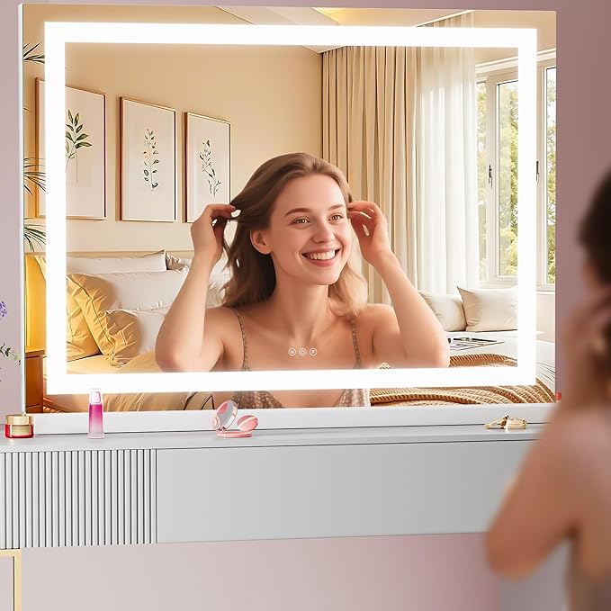 Vanity Mirror with Lights, 32" x 22" LED Makeup Mirror with 10X Magnification, Dimmable 3 Modes, Memory Function, Smart Touch, USB Charging Port, Lighted Makeup Mirror Square White