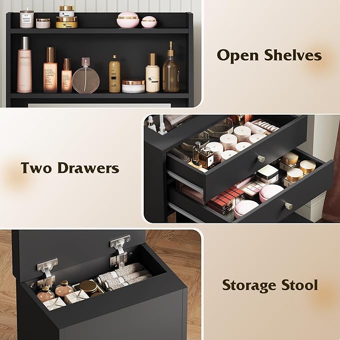 WLIVE Small Black Vanity Desk with Mirror and Lights, Compact Makeup Vanity Set with Fold-up Panel and Chair, Dressing Table with Charging Station for Small Space, Bedroom