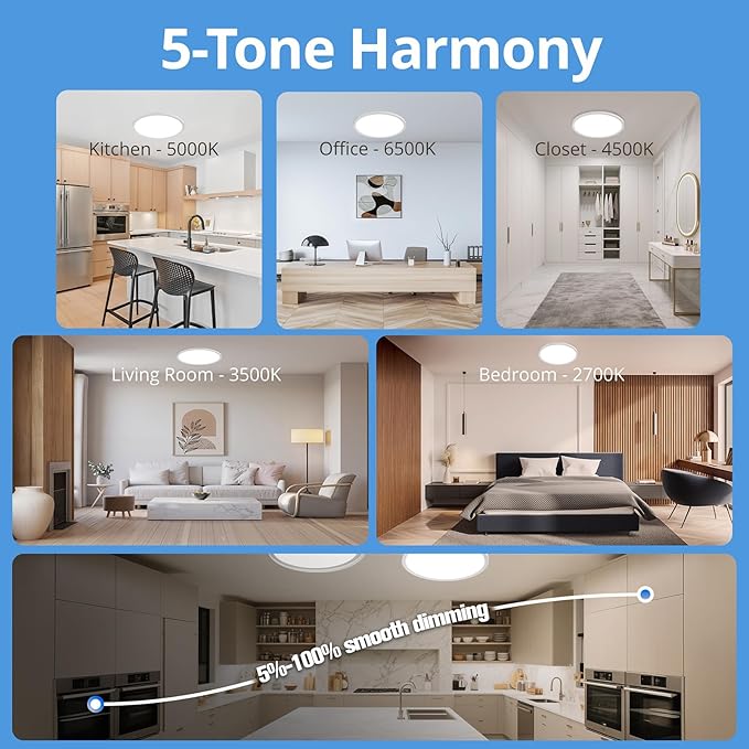 6-Pack of 12 Inch LED Flush Mount Ceiling Lights, 2640LM 24W Dimmable & 5CCT Adjustable, Ultra Slim Flat Lighting Fixture for Low Ceilings, Bedroom, Hallway, Basement, Apartment, White