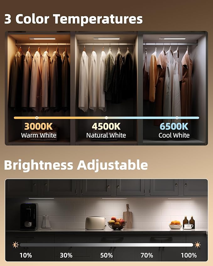 EZVALO 12inch Under Cabinet Lighting, 3200mAh Rechargeable Motion Sensor Light Indoor, with Dimmable & 3 Color Temps, Magnetic Closet Lights, Wireless Under Counter Lights for Kitchen, Stairs (4-Pack)