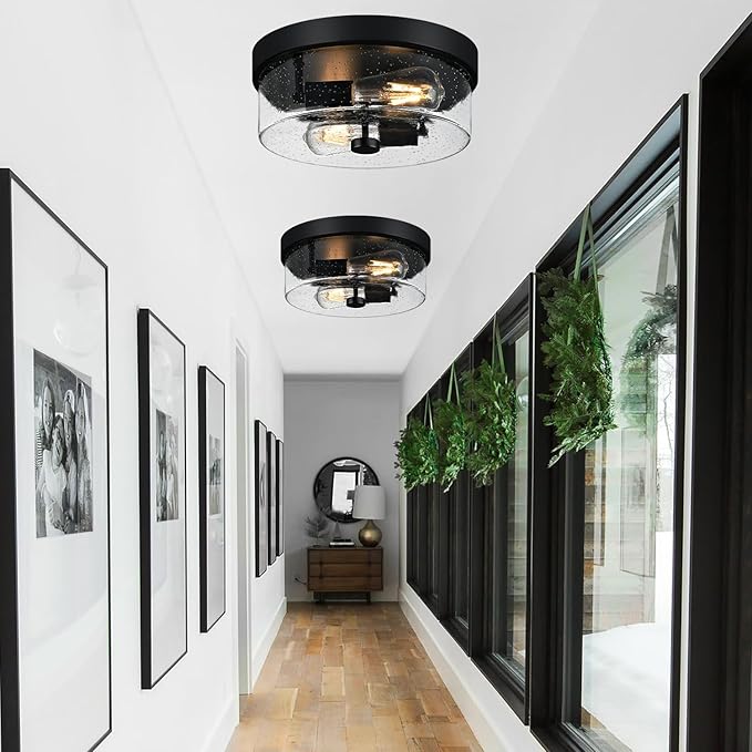 Black Flush Mount Ceiling Light Fixtures, 2-Light Ceiling Mount for Farmhouse with Seeded Glass Lampshade, Industrial Flush Mount Light Fixture Farmhouse for Hallway, Kitchen, Entryway and Foyer