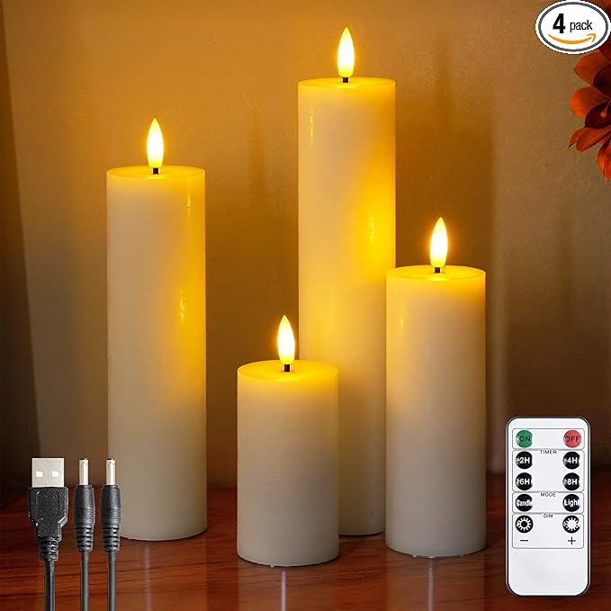 Rechargeable Flameless Flickering Tall Wax Remote 2.2" x4" 6" 8" 10" White Candles, Timer Set of 4 LED Battery Operated Fake Warm Light Pillar Candles(Included USB Charging Cable with 2 Ports)