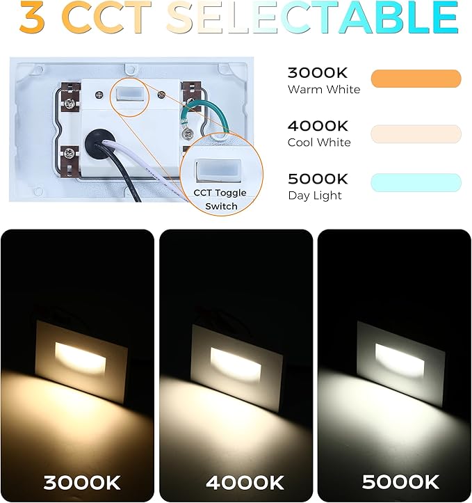 CLOUDY BAY 3 Color 120V Dimmable LED Indoor Outdoor Step Light,3000K/4000K/5000K 3W 100lm Stair Light,White Finish,12 Pack