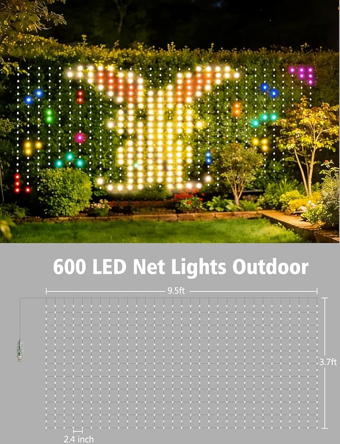 echosari 600 LED Net Lights Outdoor, 3.7 * 9.5ft Smart RGB&IC Net Lights with App/Remote Control, DIY Modes, Waterproof Mesh Light for Patio Bush Decor (Dark Green Wire)