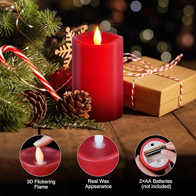 1PCS, 3 x 5 inches Flameless Candle with Remote Control, 3D Flickering Wick, Real Wax Pillar LED Candles, Battery Candles,with Timer,for Holiday Home Decor, Red