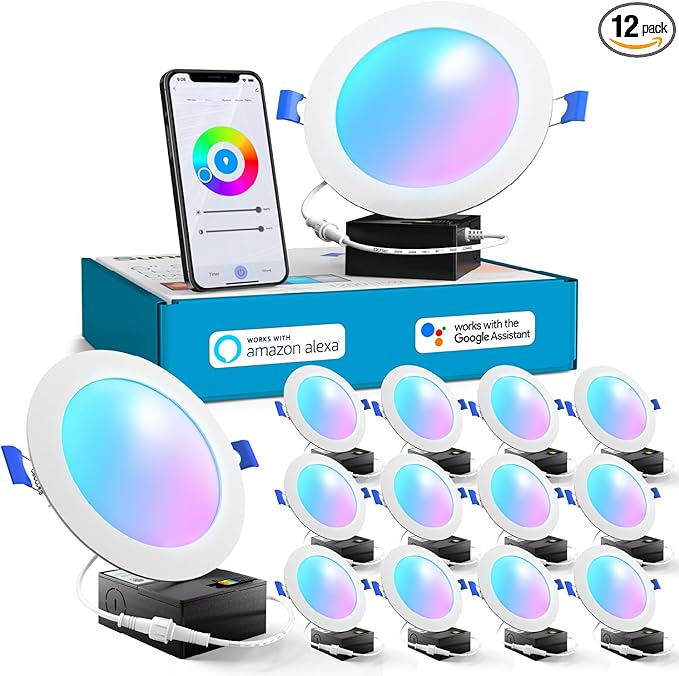 Sunco 12 Pack 6 Inch Smart Ultra Thin LED Recessed Ceiling Lights Slim, RGB+5000K Daylight, Dimmable, 15W, Canless Wafer with Junction Box - ETL.