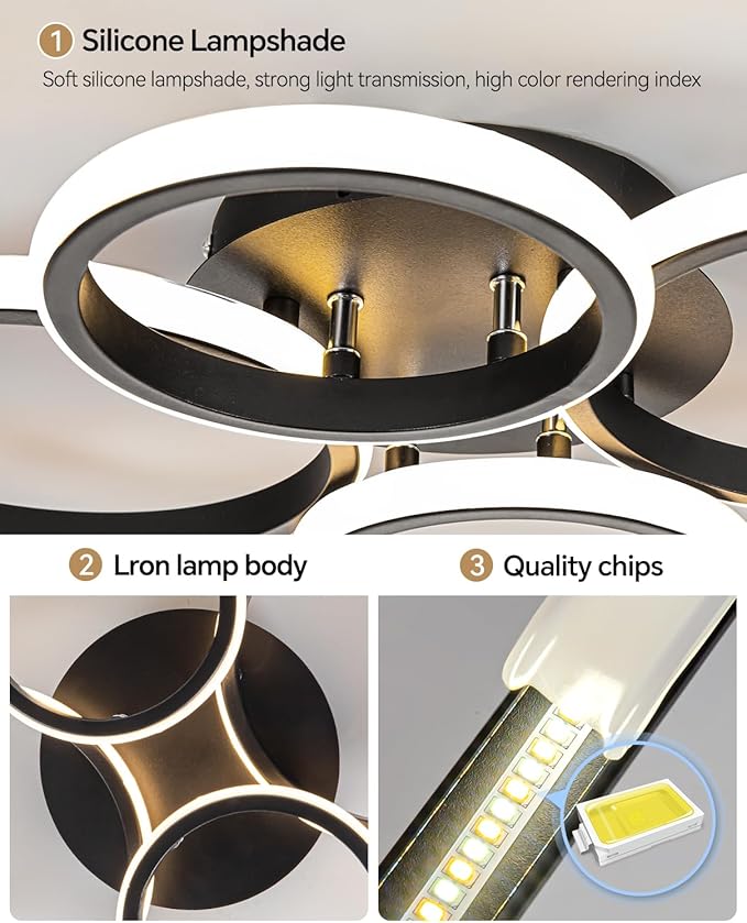 4 Ring Modern LED Ceiling Light Fixture with Remote Control, 3000K-6500K 3-Color Black Dimming Circle Modern Ceiling Light for Bedroom Kitchen Living Room