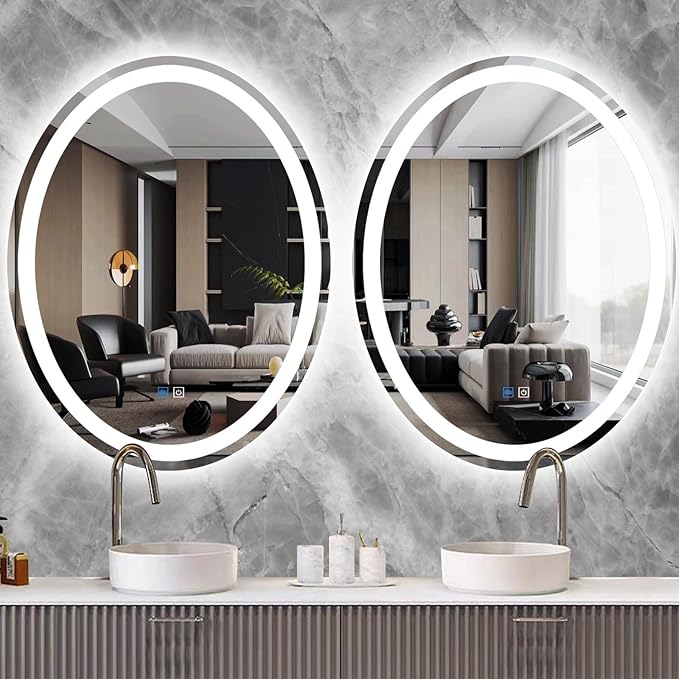 30 x 40 Inch Oval Lighted Vanity Mirror with Lights 3 Color Dimmable Memory Front Back Light 40 LED Oval Mirror for Bathroom Salon Wall Mount AntiFog 40in Ellipse Ovals Smart Light up Mirrors