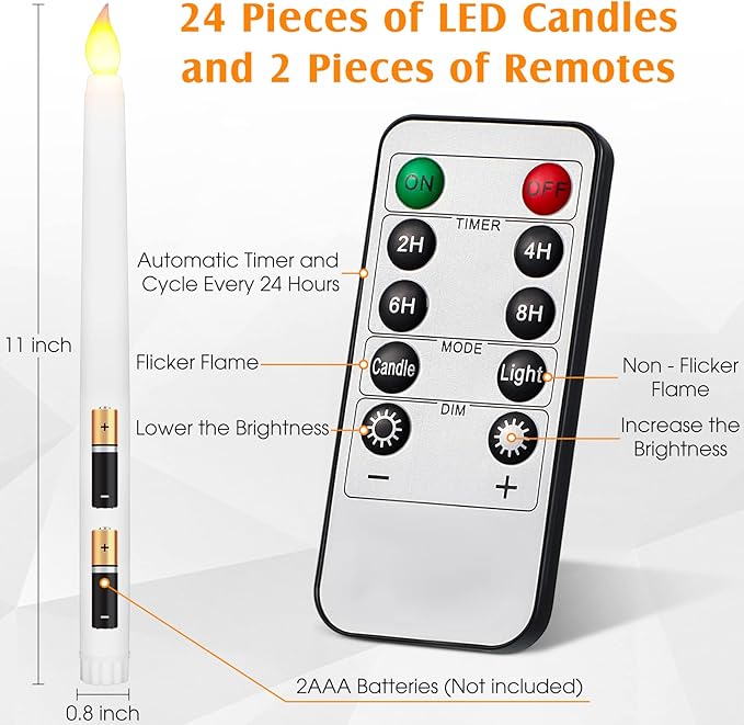 Tuanse 24 Pack Flameless Taper Candles with Remote & Timer, 11" Flickering 3D LED Battery Operated Window Candlesticks, Dimmable for Wedding Table Centerpieces Home Valentine’s Decor(White)