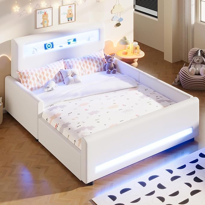 MERITLINE Full Size Upholstered Platform Bed with Drawer, App-Controlled RGB LED Light Strip & USB Port, PU Fabric Storage Bed (White) | LED light, Storage Drawer