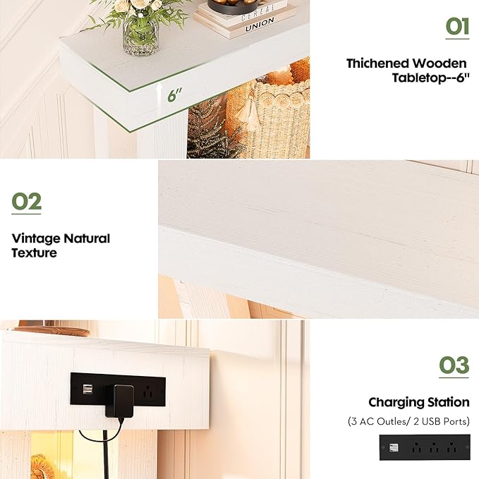 Unikito 47" Entryway Table with Socket and Sensor Light, Narrow Console Table with Storage Behind Couch, Farmhouse Entry Way Tables with Open Storage for Entrance/Hallway/Living Room, Antique White