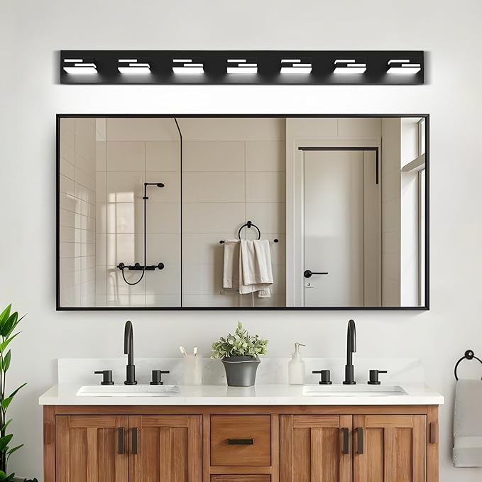 LED Modern Bathroom Vanity Light Fixtures 7-Light 5CCT Dimmable Matte Black Vanity Lights for Bathroom Lighting Fixtures Over Mirror, with 350° Rotatable Acrylic Heads, 48-inch