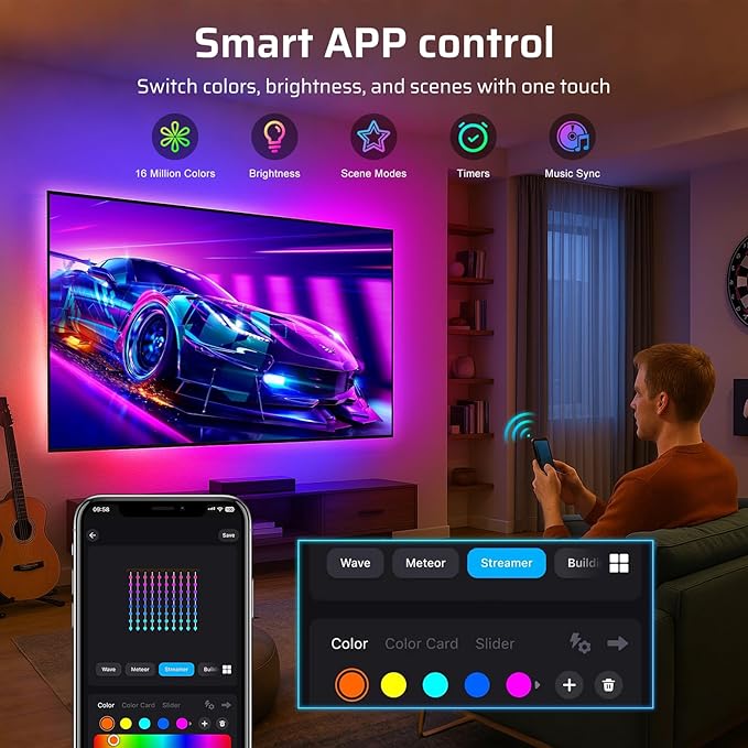 Smart TV LED Backlight, Flowing Color Changing Light Strip,12.4ft TV Lights Behind 45-60in Monitor, Works with Alexa and Google, Music Sync, WiFi and App Control, LED Lights for Gaming Room Decor