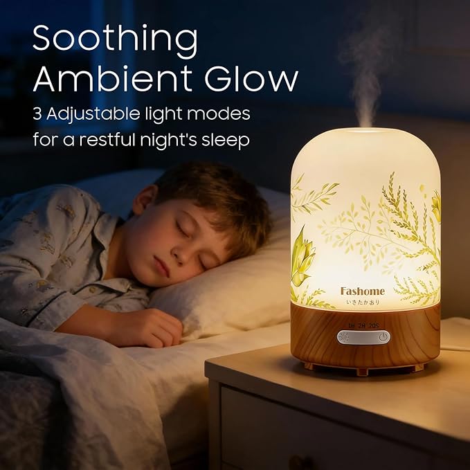 Essential Oil Diffuser Hand Blown Glass, 100ml Small Aromatherapy Diffuser, Auto Shut-Off Function, Ultrasonic Diffusers for Essential Oils, Cool Mist Humidifier with Warm White Lights