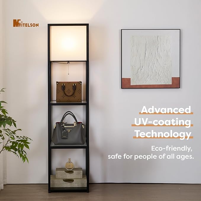 Floor Lamp with Shelves, Modern Standing Lamp with Tempered Glass Shelves, Large Display Shelf Lamp, Tall Lamp with Shelves for Living Room, Bedroom, Office, Black