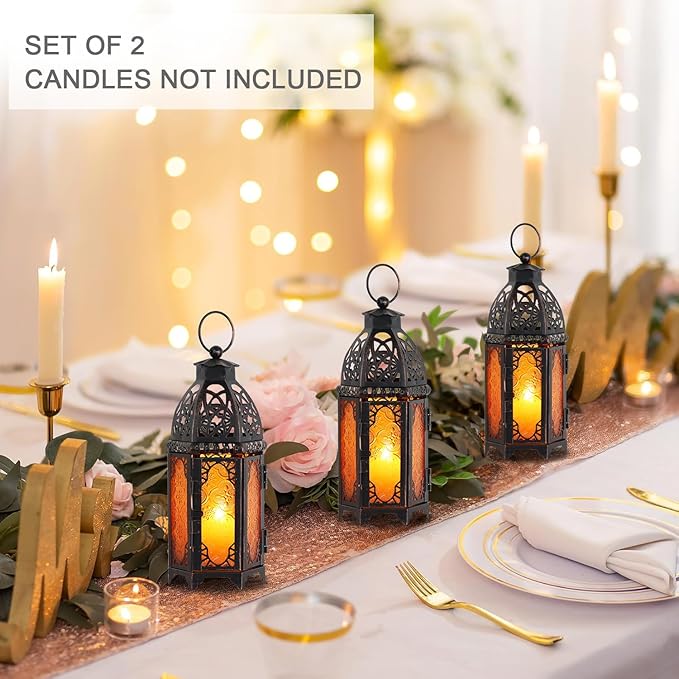 DECORKEY Set of 2 Moroccan Lanterns Decorative Indoor & Outdoor, 11’’ Medium Size Vintage Metal Hanging&Tabletop Candle Holder Decor, Halloween Christmas Ramadan Decorations for Home (Amber)