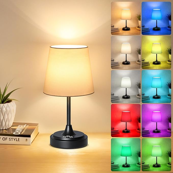 Small Cordless Table Lamp Rechargeable,5000mAh Battery Operated Desk Lamp,3 Colors & 7 RGB Stepless Dimmable,Touch Ambient Light for Bedside,Bedroom,Dining Room,Living Room,Black,WhiteShade
