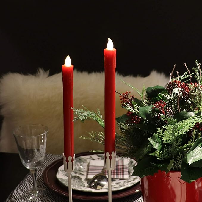 Rhytsing Red 10" Flameless Taper Candles with Timer, Battery Operated Candles, Push-Activated, Wax Drip, Warm White Light, Remote & 10 Batteries Included - Set of 5
