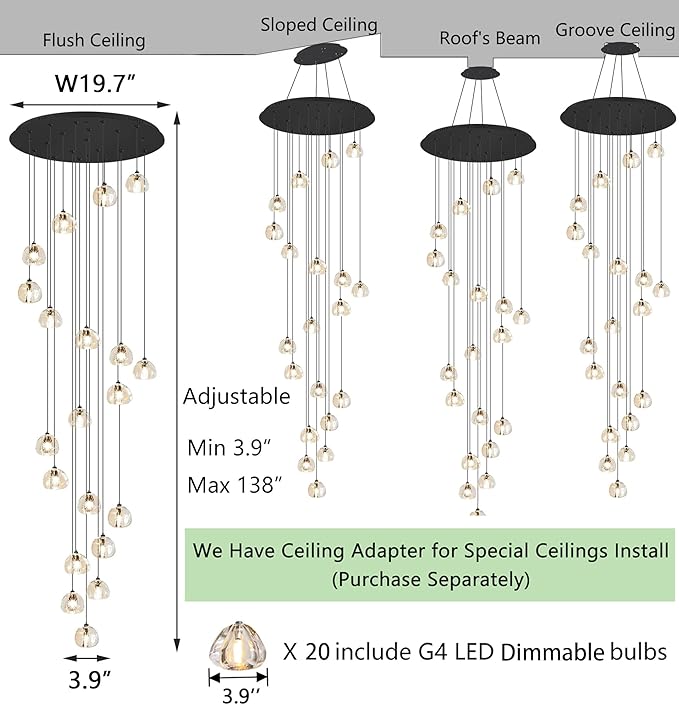 LED Glam Chandelier 138 inches Long Light Luxury Crystal Ceiling Chandeliers Remote Dimmable High Ceiling Pendants Lighting Fixtures Black 20 Lights