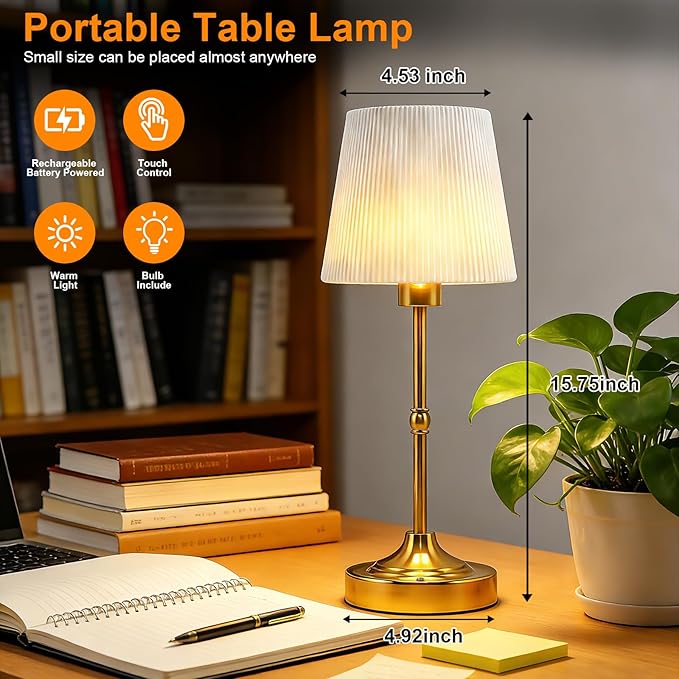 Cordless LED Table Lamp Rechargeable-5200mAh Battery Operated Lamp with Stepless Dimming,Touch Control/Smart Memory,Portable Wireless Lamp for Kid's Room/Dining Table/Bedroom/Home Decor