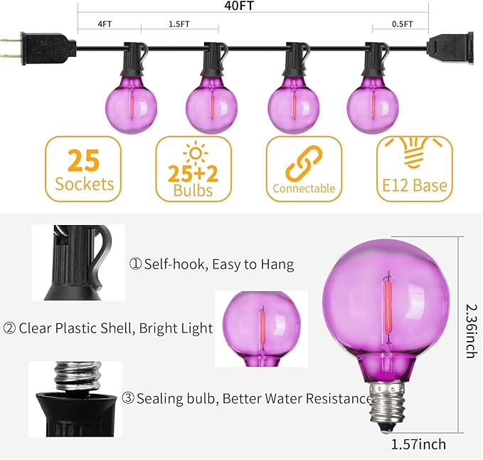 40FT LED Outdoor String Lights Waterproof, G40 LED Globe Outdoor Lights for Patio with 27 Edison Vintage Shatterproof Bulbs, Connectable Backyard Lights for Garden, Bistro, Porch, Cafe