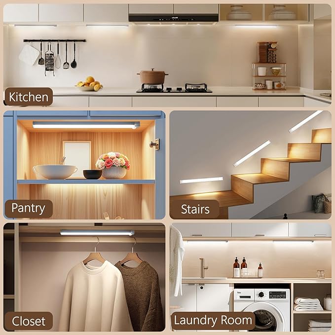 Rechargeable Motion Sensor Light Indoor, 12” LED Under Cabinet Lighting with 3 Modes & Memory Dimming, Stick On Lights for Closet, Kitchen, Hallways (2 Pack)