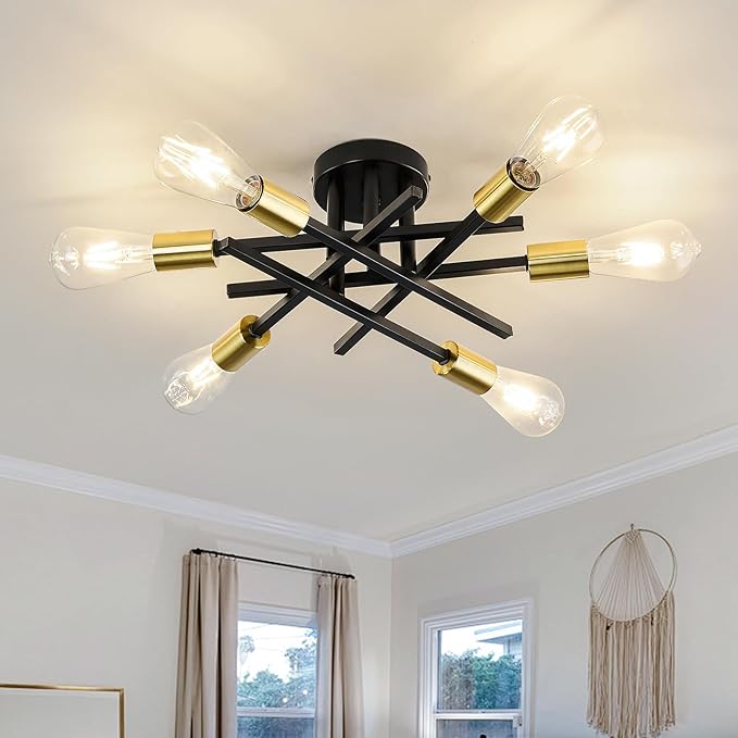 ASGYISA 6-Lights Sputnik Semi Flush Mount Ceiling Light Fixture Modern Metal Black and Gold Chandeliers with E26 Bulb Base Close to Ceiling Light for Kitchen Dining Room Living Room Hallway Bedroom