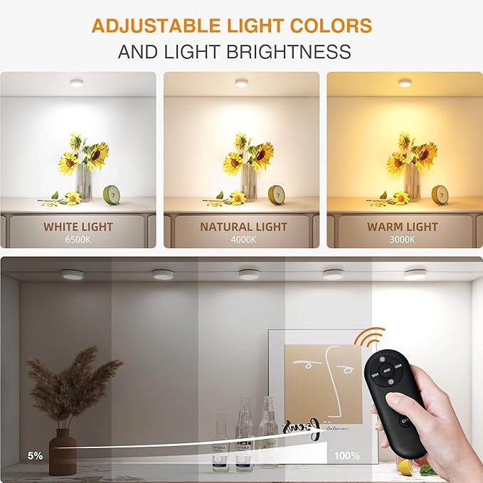 Rechargeable Puck Lights with Remote Control,LED Under Cabinet Light with Full-Screen,3 Color Temperatures Stick On Wireless, Tap for Kitchen,Cabinet,Counter,Closet,Shelf,2 Pack, White