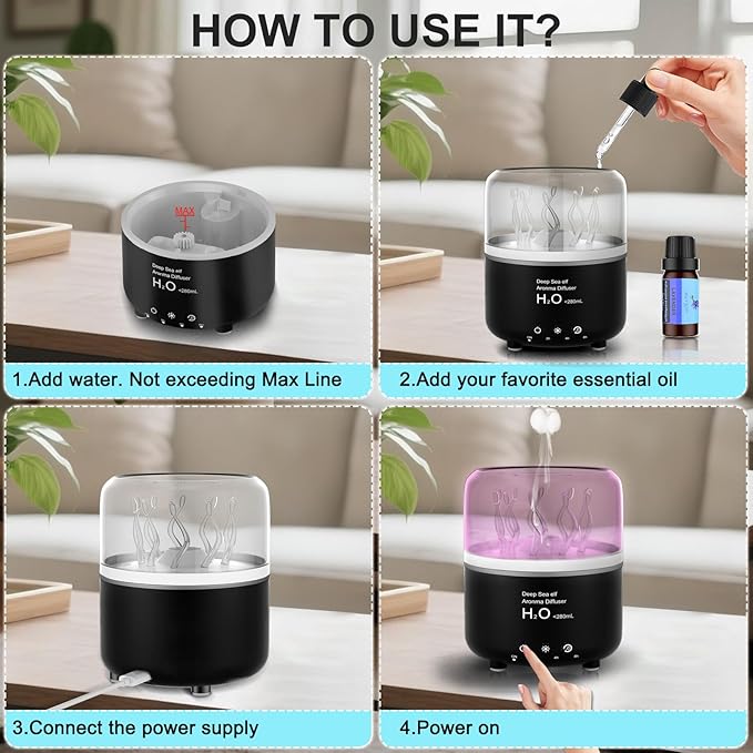 Morbou Essential Oil Diffuser with Jellyfish Spray & Sea Anemone Rotation, 280ml Ultrasonic Aromatherapy Machine,7-Color LED Night Light Quiet Mist for Bedroom, Remote Control (Black)