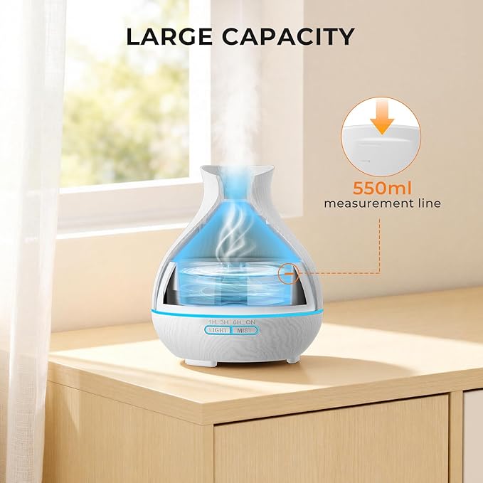 BZseed Aromatherapy Essential Oil Diffuser 550ml 12 Hours White Wood Grain Aroma Diffuser with Timer for Large Room, Home, Baby Bedroom, Waterless Auto Shut-Off, 7 Colors Lights Changing