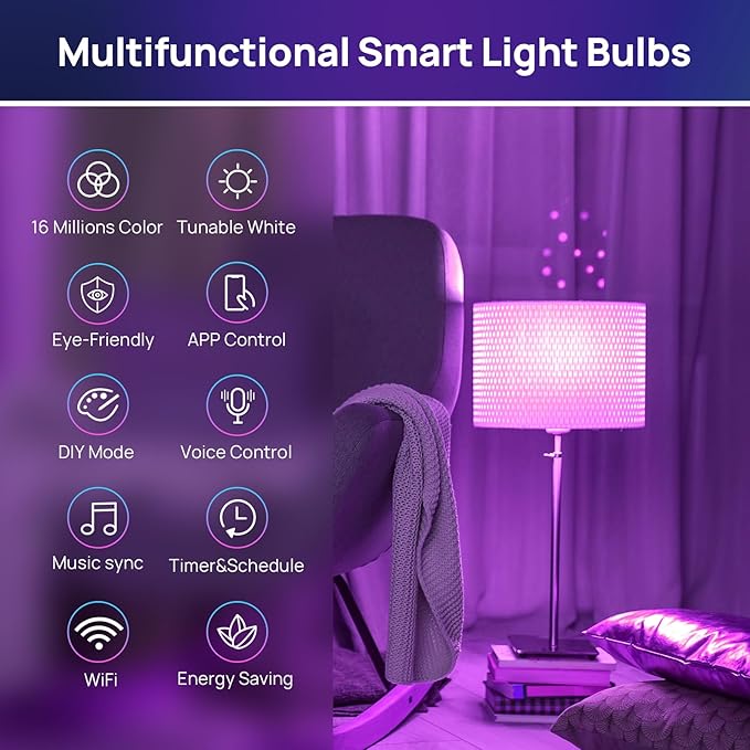 Consciot Smart Light Bulbs, A19 Color Changing Smart Bulbs, 800 Lumens 60W Equivalent, Works with Apple Home, Alexa, Google Home & SmartThings, Dimmable LED, 2-Pack