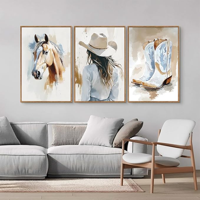 YeeHomedec Large Western Cowgirl Posters Framed Canvas Wall Art Set, Blue and White Horse Wall Decor, Glam Rodeo Boots Art Print, Vintage Country Hat Artwork for Living Room Bedroom Dorm 24"x36"x3