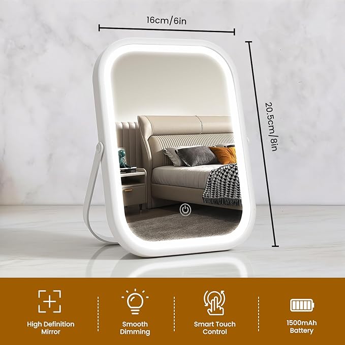 Vanity Mirror with Lights, 8"×6" LED Makeup Mirror Built-in 1500mAH Lithium Battery, Smart Touch with 3-Color Lighting, Dimmable, Lighted Up for Makeup Desk, Travel (White)