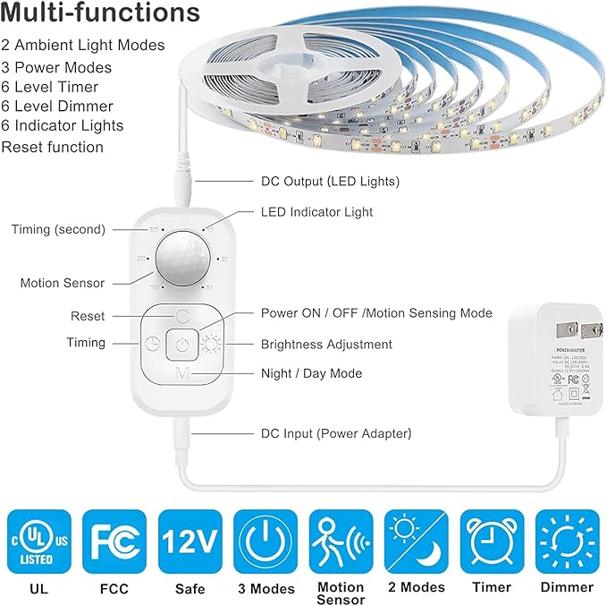 Motion Sensor Under Cabinet Lights - Plug-in LED Strip Lights Indoor With UL FCC Approved Adapter, Dimmer And Timer For Kitchen Cabinet, Counter, Shelf, Showcase, Stairway, Bedroom, Corridor, Washroom