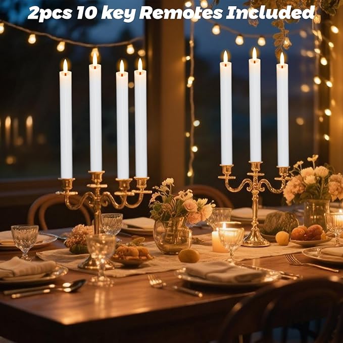 Wondise Flameless Taper Candles with Remote Timer, Real Waxy Battery Operated Flickering Candlesticks, 3D Wick LED Candles 9.6inch for Halloween Christmas Holiday Wedding Decoration (White