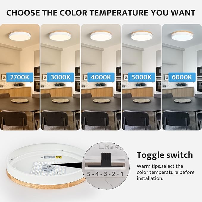 Dimmable Wood Oak Ceiling Light Fixture Modern White LED Flush Mount Ceiling Light 5CCT Minimalist Circle Close to Lighting Fixture for Bedroom Kitchen Bathroom Laundry Room 15.74 Inch